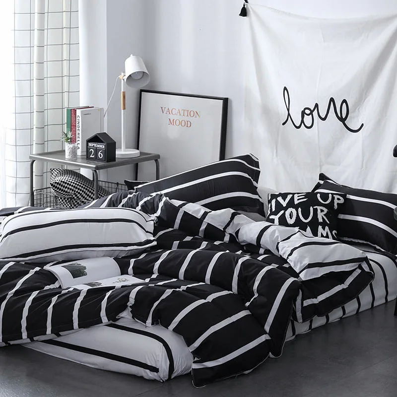 Wholesale Black and White Reversible Stripe Printed Microfiber Polyester Home Textile Bedsheet Duvet Cover Bedding Set